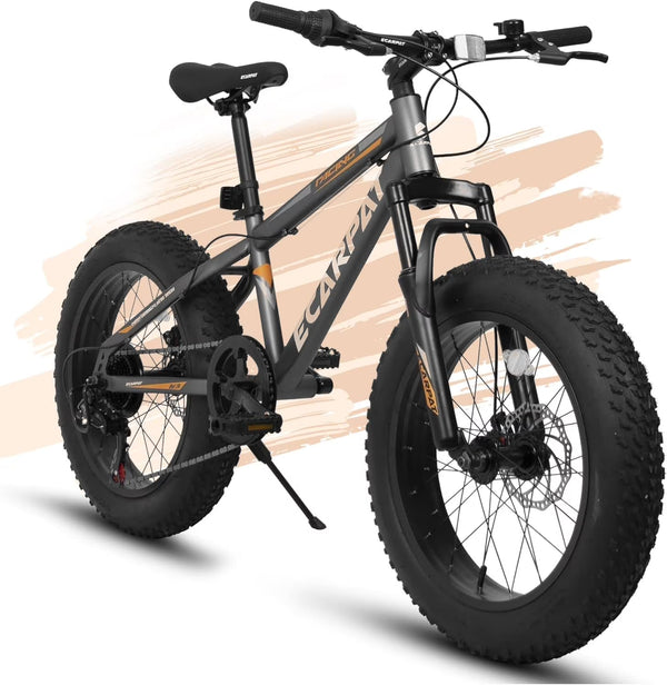 20 in Mountain Bike for 7 - 15 Years Old, 7 Speed Kids Bike with High Carbon Steel Frame, Fat Tire and Dual Disc Brake, Front Suspension Mountain Bicycle Gift for Boys Girls, Grey - Orange